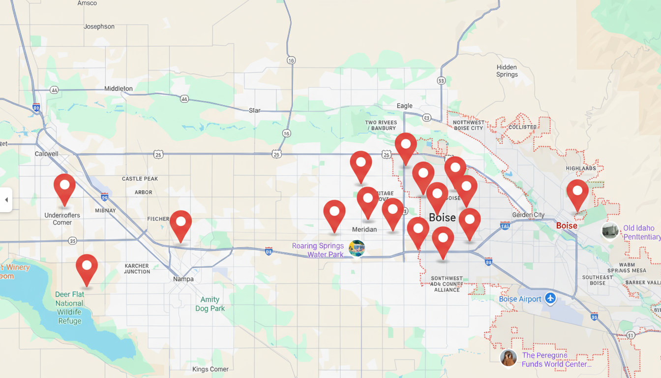 Treasure Valley Service Area Map showing locations in Boise, Meridian, Eagle, Nampa, Kuna, Caldwell, Star, Garden City, and Middleton
